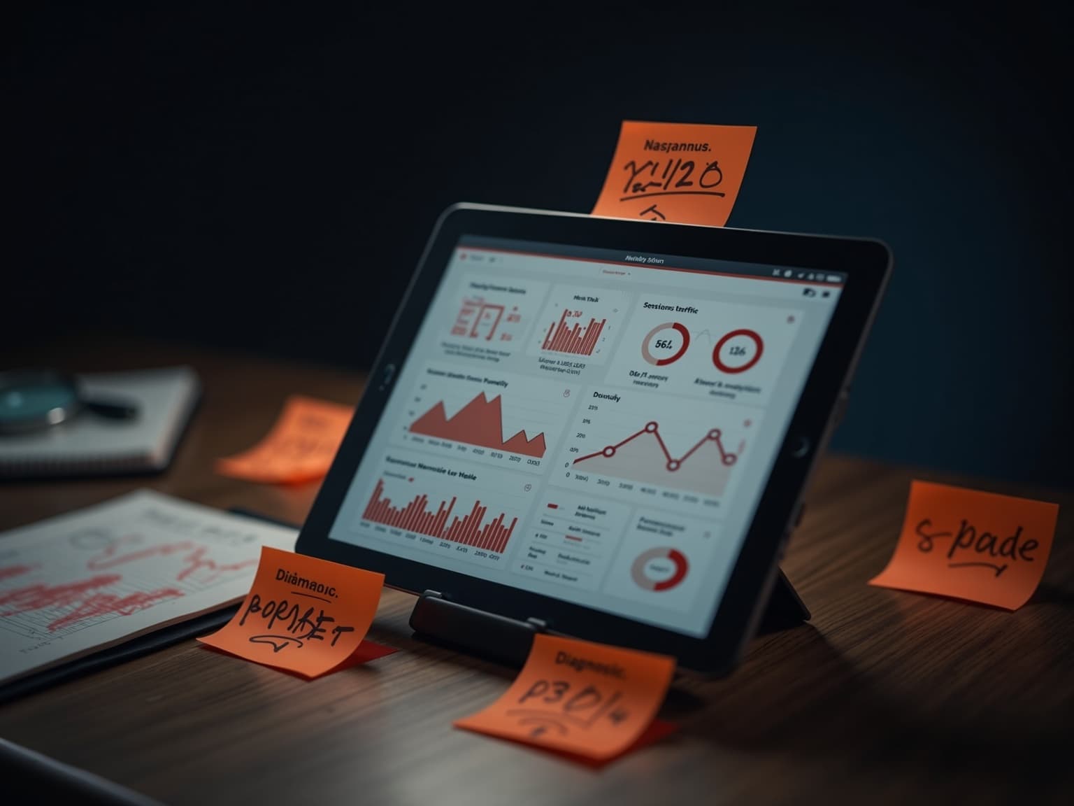 Tablet sobre escritorio mostrando dashboard de analytics con cinco métricas críticas en rojo y naranja, rodeado de cinco post-its naranjas con anotaciones manuscritas y flechas diagnósticas — visualización conceptual sobre las señales que indican necesidad de rediseño web