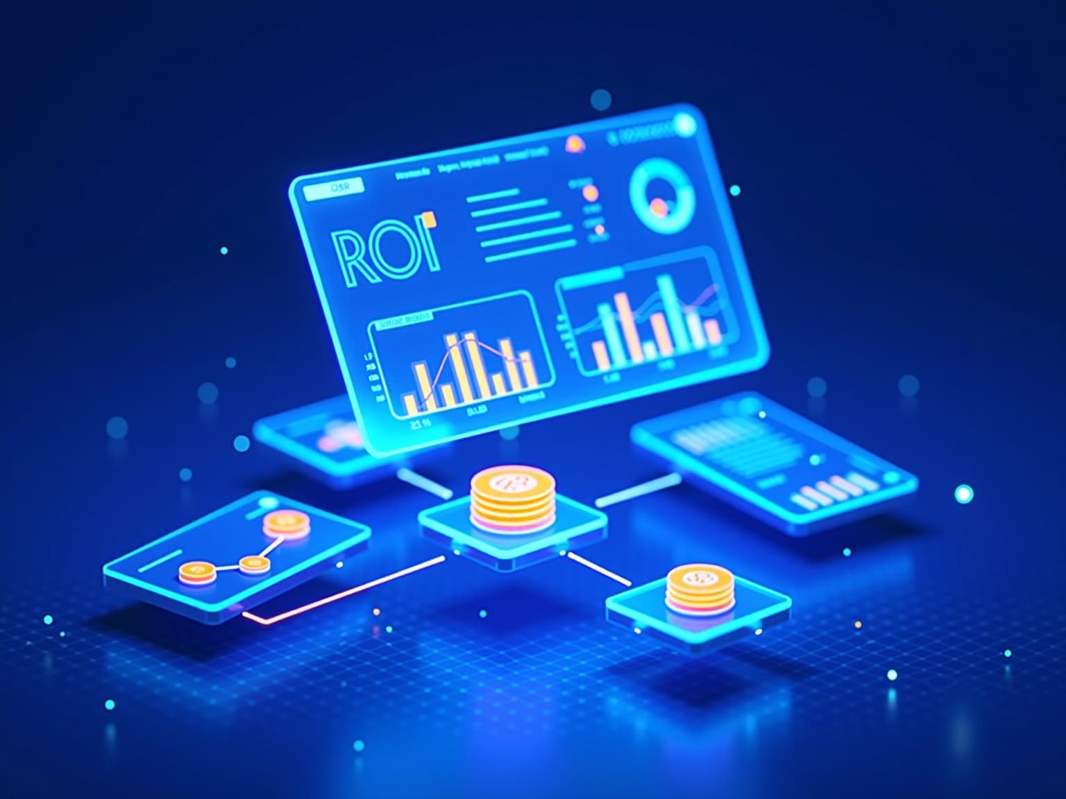 Ilustración CGI 3D de un dashboard holográfico flotante mostrando gráficos de ROI, análisis de costos y nodos de workflow de automatización en cyan eléctrico y naranja vibrante, con íconos de monedas digitales estilizadas orbitando alrededor sobre fondo navy con grid de puntos — visualización conceptual del costo de implementar IA en una empresa