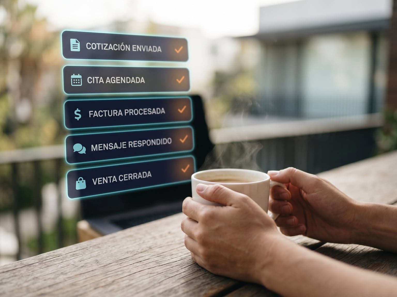 Fotografía editorial lifestyle estilo Apple Watch ad: manos adultas sosteniendo una taza humeante de café sobre una mesa de madera en una terraza con luz natural matutina; al fondo en bokeh suave, cinco tarjetas holográficas flotantes en navy con borde cyan y checkmarks naranjas mostrando notificaciones en español: 'Cotización enviada', 'Cita agendada', 'Factura procesada', 'Mensaje respondido', 'Venta cerrada' — visualización del negocio funcionando en piloto automático gracias a la automatización con IA mientras el dueño disfruta un momento personal