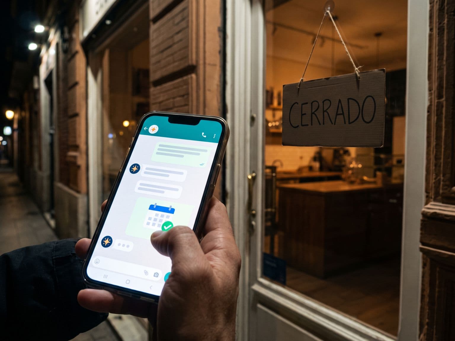 Fotografía nocturna de una mano sosteniendo un smartphone frente a un negocio con un letrero de CERRADO colgado en la puerta: en la pantalla, el chat del negocio responde mediante un asistente de IA que confirma una reserva con un calendario y un check verde — el negocio está cerrado pero la atención automática sigue funcionando
