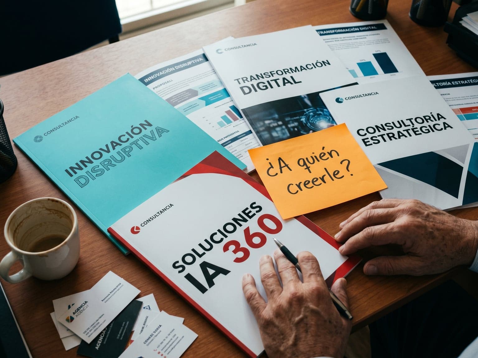 Fotografía editorial documental estilo Bloomberg Businessweek: vista cenital de un escritorio de madera con cuatro propuestas impresas de distintas consultoras desplegadas, todas mostrando la misma jerga genérica en español — 'INNOVACIÓN DISRUPTIVA', 'TRANSFORMACIÓN DIGITAL', 'SOLUCIONES IA 360', 'CONSULTORÍA ESTRATÉGICA' — un post-it naranja vibrante con '¿A quién creerle?' escrito a mano en el centro, manos de un dueño evaluando con pluma, tarjetas profesionales y café — visualización del dolor del dueño de PYME que enfrenta propuestas idénticas y no sabe cómo distinguir al partner correcto