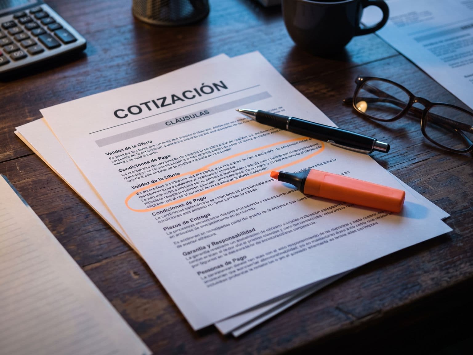 Fotografía de una cotización impresa en español sobre un escritorio de madera oscura, con una cláusula encerrada en un círculo de destacador naranja, un lápiz, lentes de lectura y una calculadora alrededor — revisión detallada de una cotización de software antes de firmar