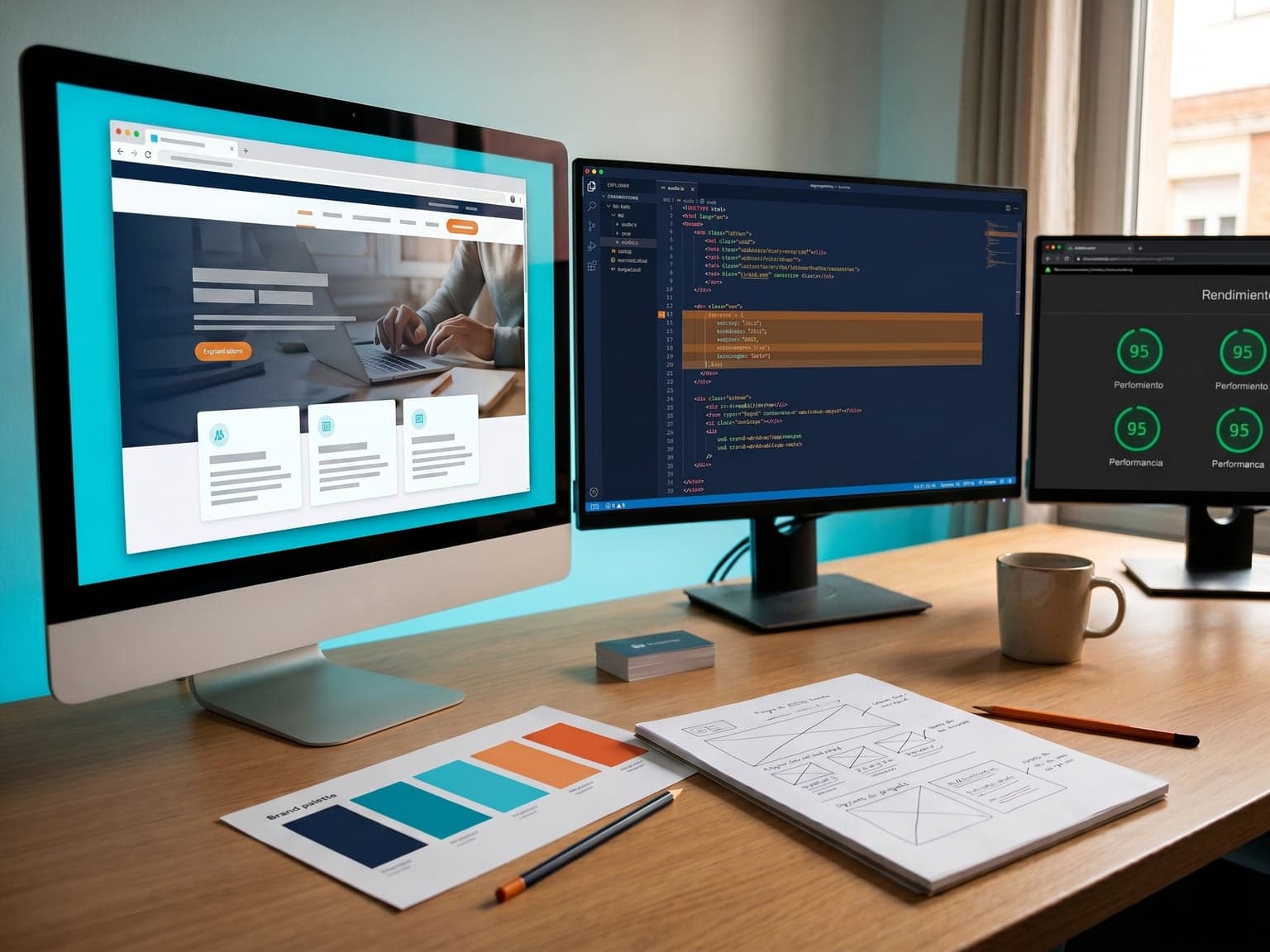 Fotografía editorial estilo Wired magazine: workspace profesional de desarrollo web con tres pantallas en paralelo sobre escritorio de madera — la pantalla izquierda muestra un mockup de sitio web sin texto (solo bloques placeholder, botón naranja y tres feature cards con iconos cyan), la pantalla central muestra código frontend con syntax highlighting, la pantalla derecha muestra un dashboard de Lighthouse con la palabra 'Rendimiento' en español y cuatro gauges con scores 95 en verde; en primer plano paleta física de colores navy + cyan + naranja, libreta con wireframes a mano, lápiz con detalle naranja, taza de café y tarjetas profesionales — visualización del oficio detrás del precio de un sitio web profesional