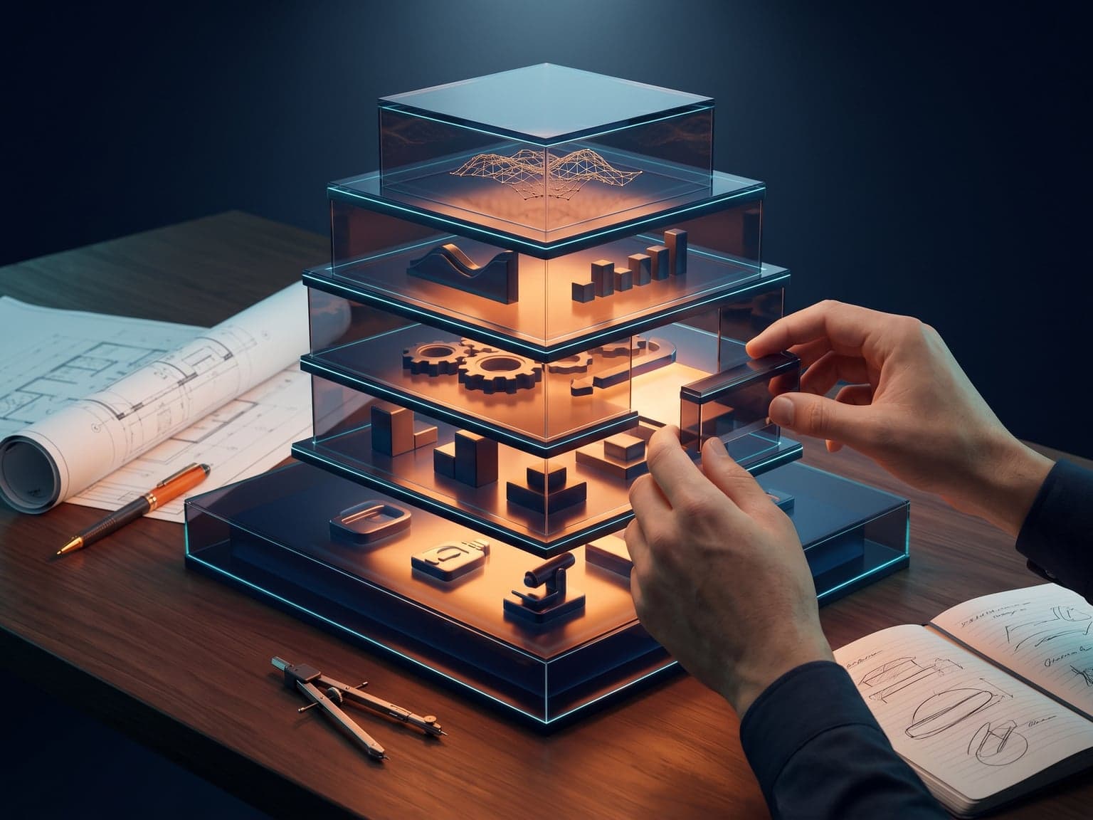 Ilustración 3D CGI premium estilo Apple keynote: maqueta arquitectónica translúcida sobre mesa de planificación de madera, con cinco niveles claramente apilados de abajo hacia arriba — base con instrumentos de diagnóstico, segundo nivel con bloques de sistemas core, tercer nivel con engranajes de operación, cuarto nivel con gráficos de datos, quinto nivel con red neuronal de automatización — cada nivel translúcido navy con glow interior naranja cálido y bordes cyan; manos del arquitecto colocando una pieza en el nivel medio, plano arquitectónico enrollado, compás de precisión y libreta con bocetos — metáfora visual de la digitalización construida paso a paso desde una base sólida