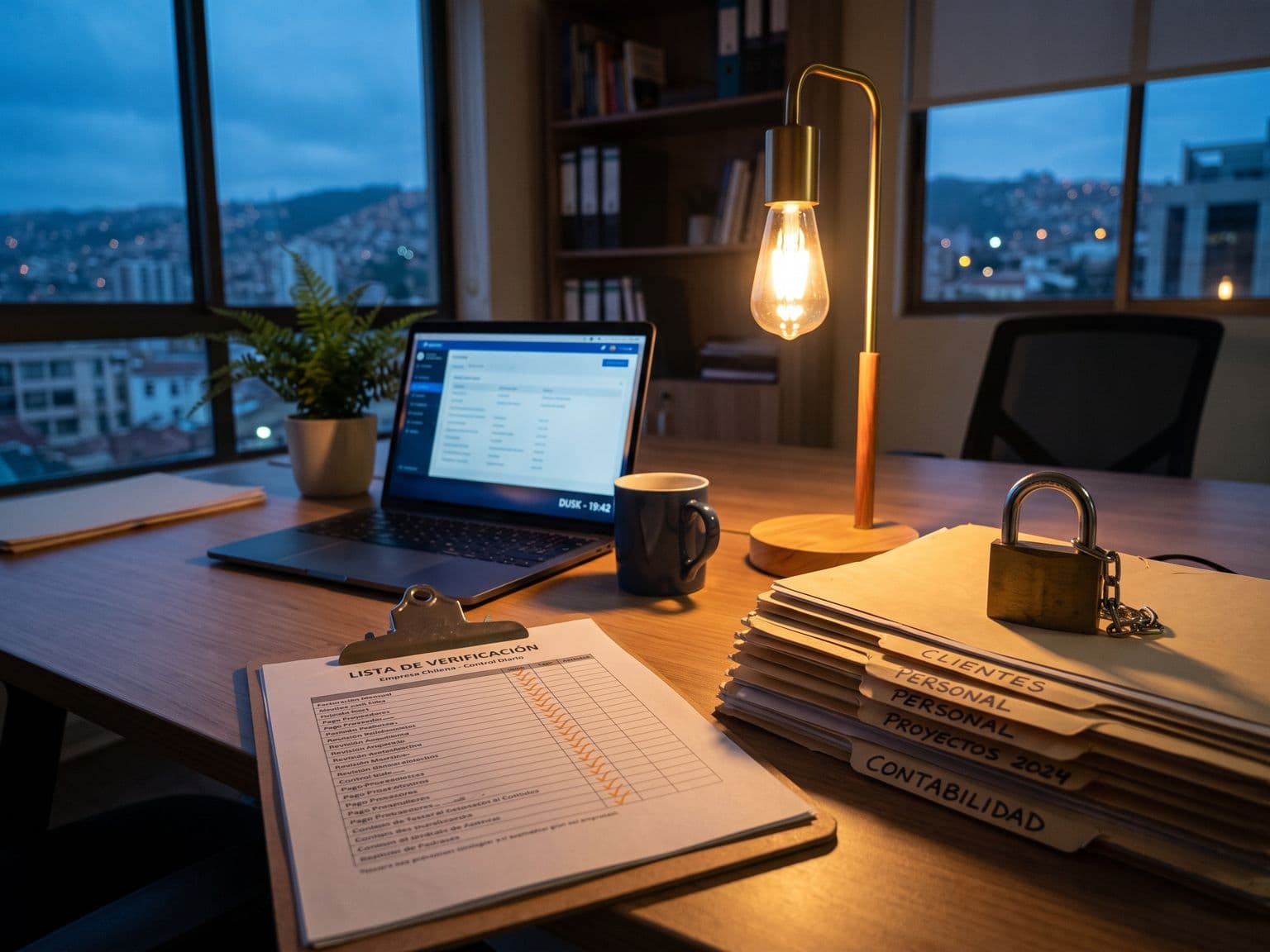 Fotografía de un escritorio de oficina al anochecer con una lista de verificación en español sobre un portapapeles, un candado sobre una pila de carpetas con pestañas de clientes, personal y contabilidad, y un notebook encendido al fondo — preparación del cumplimiento de la ley de protección de datos en una PYME