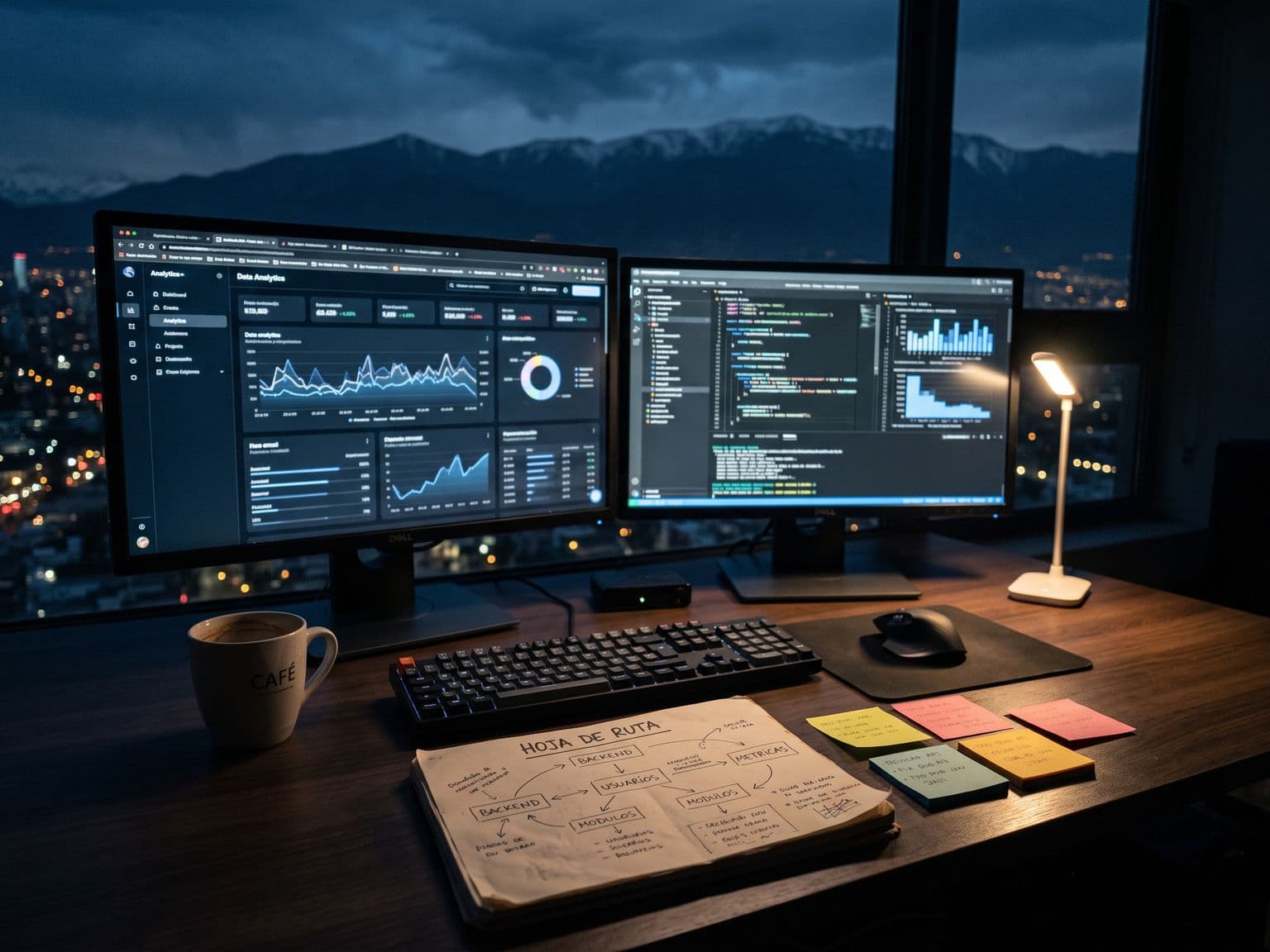 Fotografía de un escritorio de desarrollador de noche con dos monitores mostrando un panel de análisis en modo oscuro, un cuaderno con una hoja de ruta dibujada a mano y notas adhesivas, con las luces de Santiago y la silueta de los Andes por la ventana — construcción del producto Kontrato en público